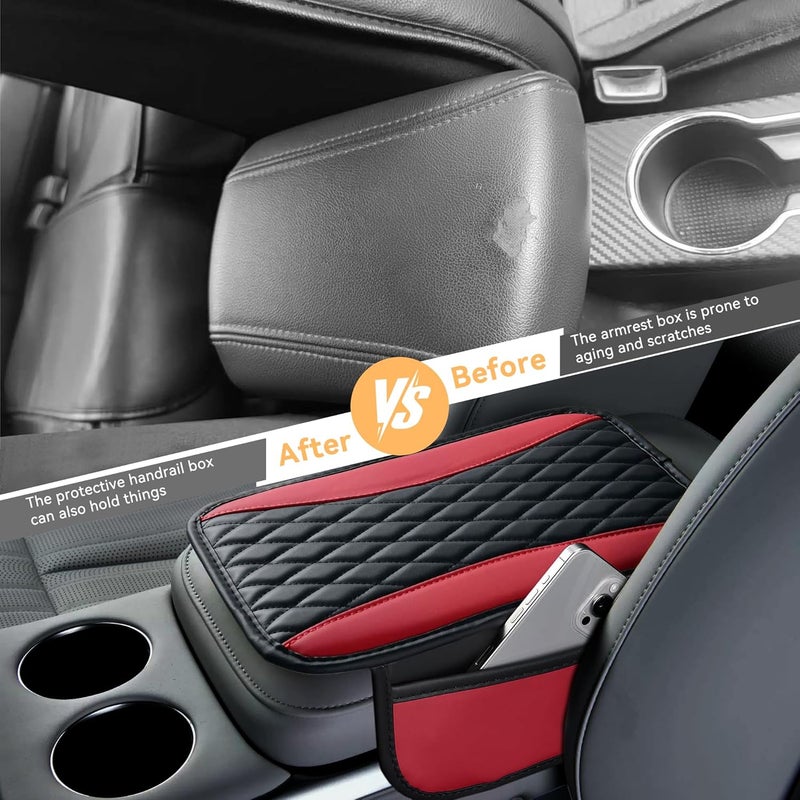 Tioollev Patchwork Leather Car Center Console Cover,Microfiber Leather Vehicle Armrest Protector Cushion with 2 Storage Bags,Universal Cars Armrest Cushion for SUV, Sedan, Truck (Red) - Image 3